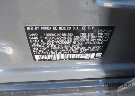 2025 Honda Hr-V Awd Sport from USA, damaged, VIN 3CZRZ2H53SM700467